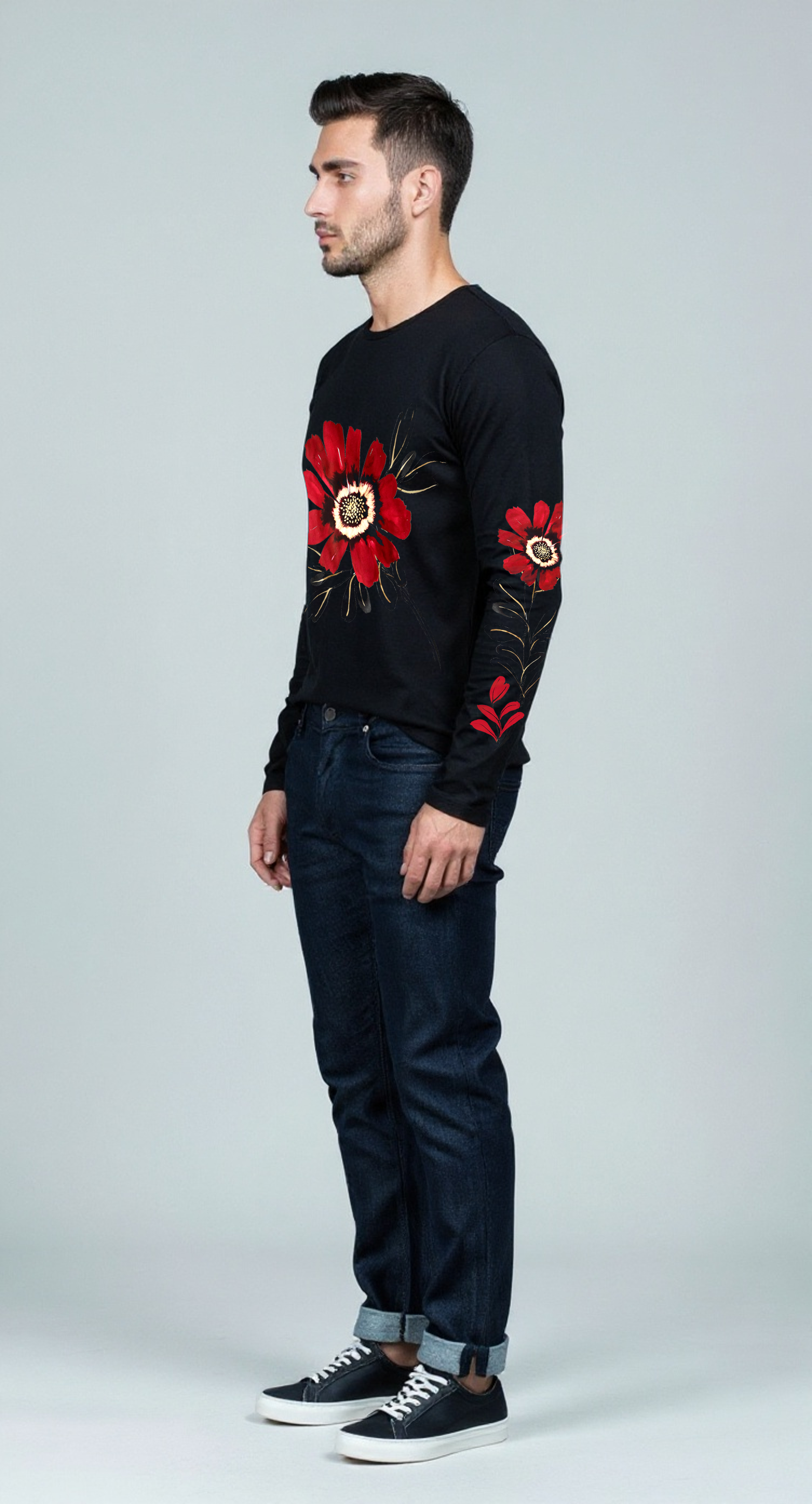 EDIT COLLECTION - Large Placement Floral Black Long Sleeve T-shirt