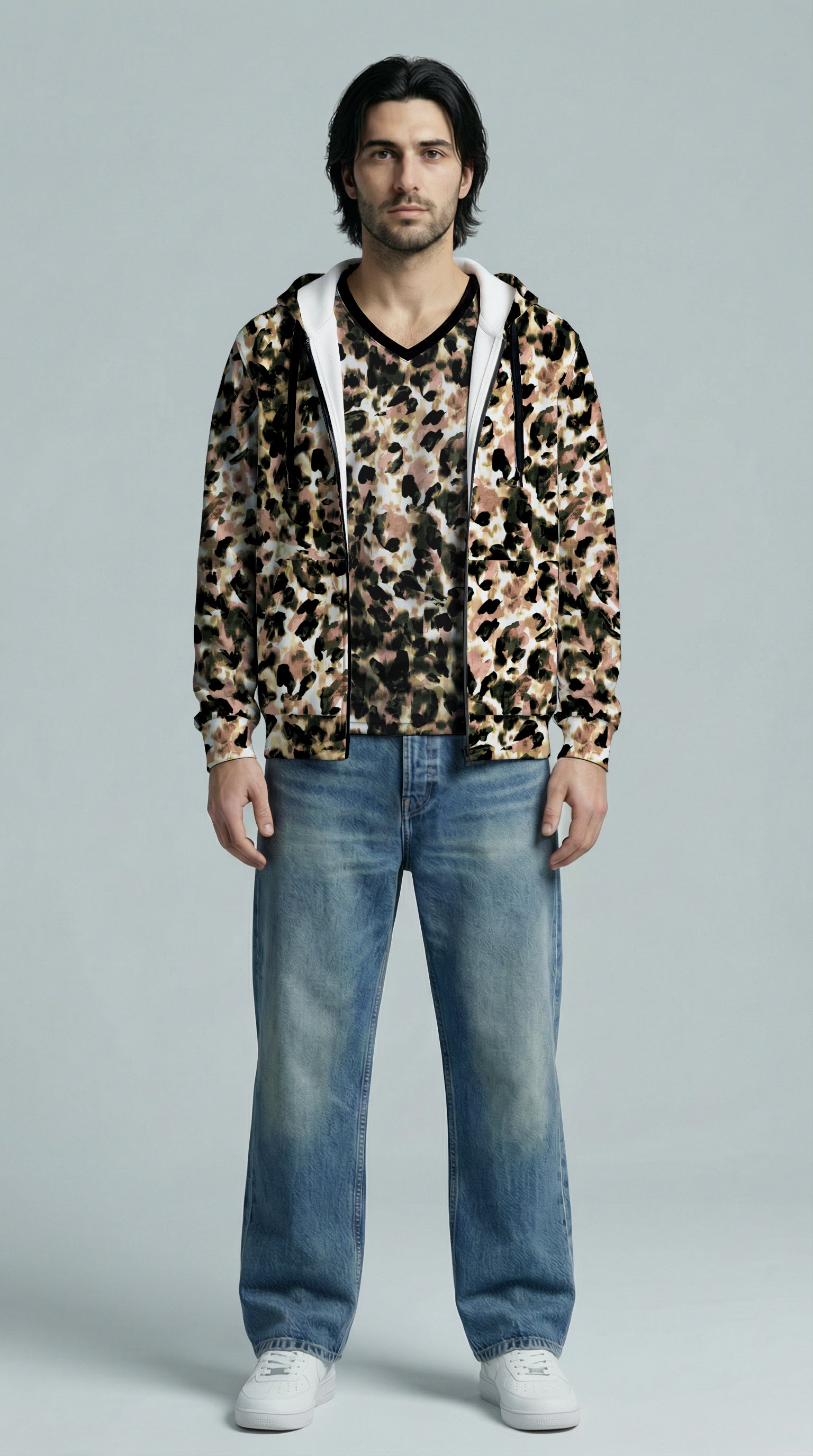 Abstract Leopard Print Zip Hoodie